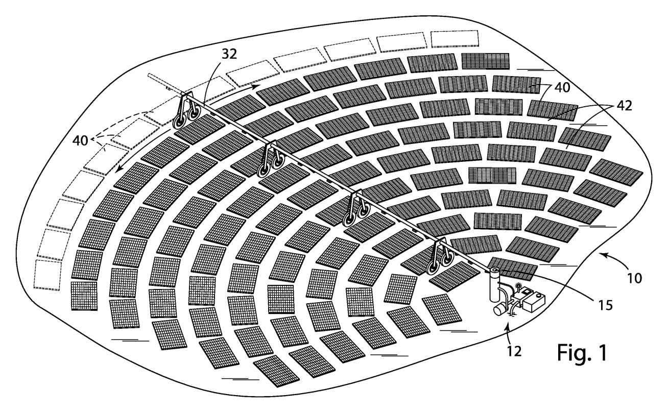 Patent drawing Fig. 1: a cleaning boom on wheeled towers extends from a central pivot and supply station across curved rows of solar panels