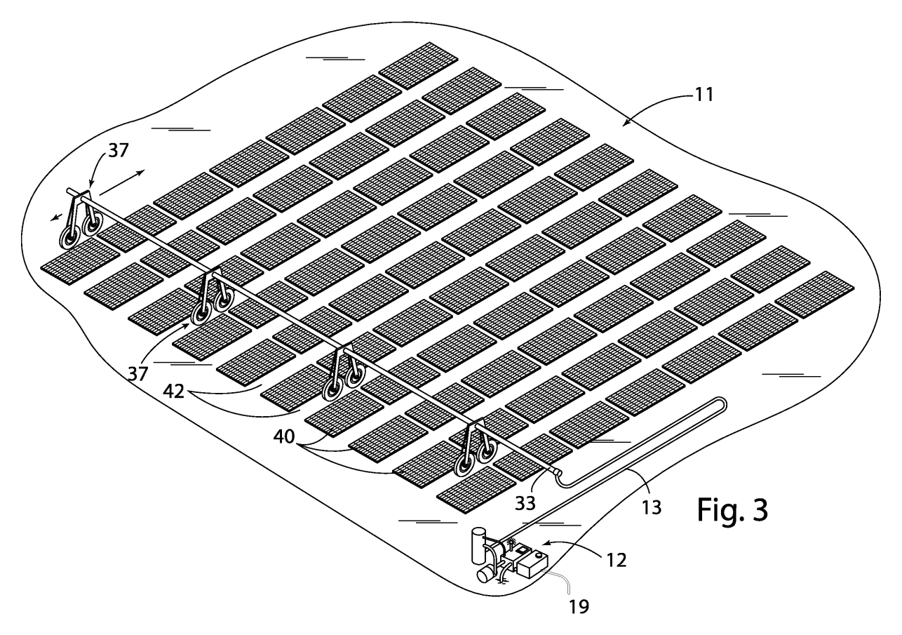 Patent drawing Fig. 3: a cleaning boom on wheeled towers travels along straight rows of solar panels, fed by a hose from a supply station